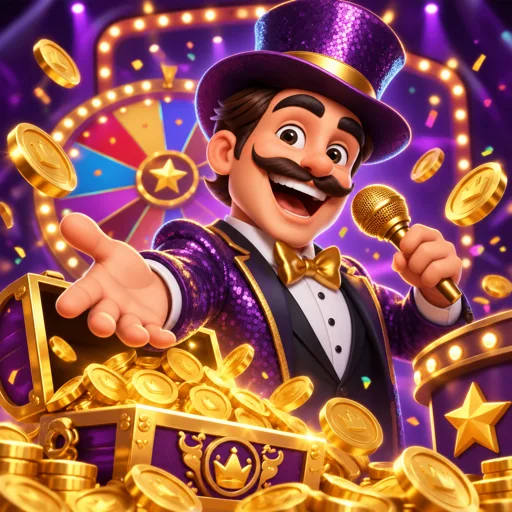 Apresentador conduzindo um game show ao vivo em estúdio iluminado com roda de prêmios ao fundo